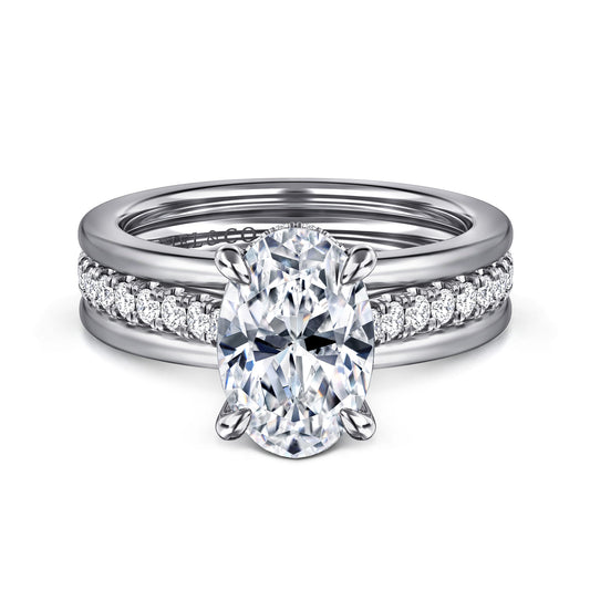 14K White Gold Wide Band Oval Diamond Engagement Ring — Gabriel & Co. ER16303O8W44JJ; center stone shown for illustration, not included