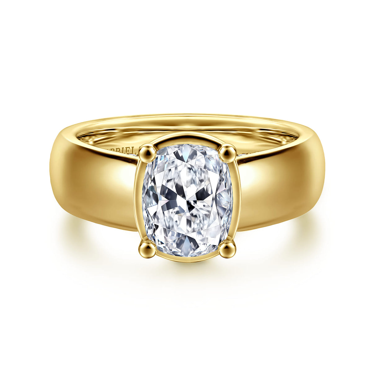 14K Yellow Gold Bezel Prong Wide Band Elongated Cushion Diamond Engagement Ring — Gabriel & Co. ER16304G8Y44JJ; center stone shown for illustration, not included