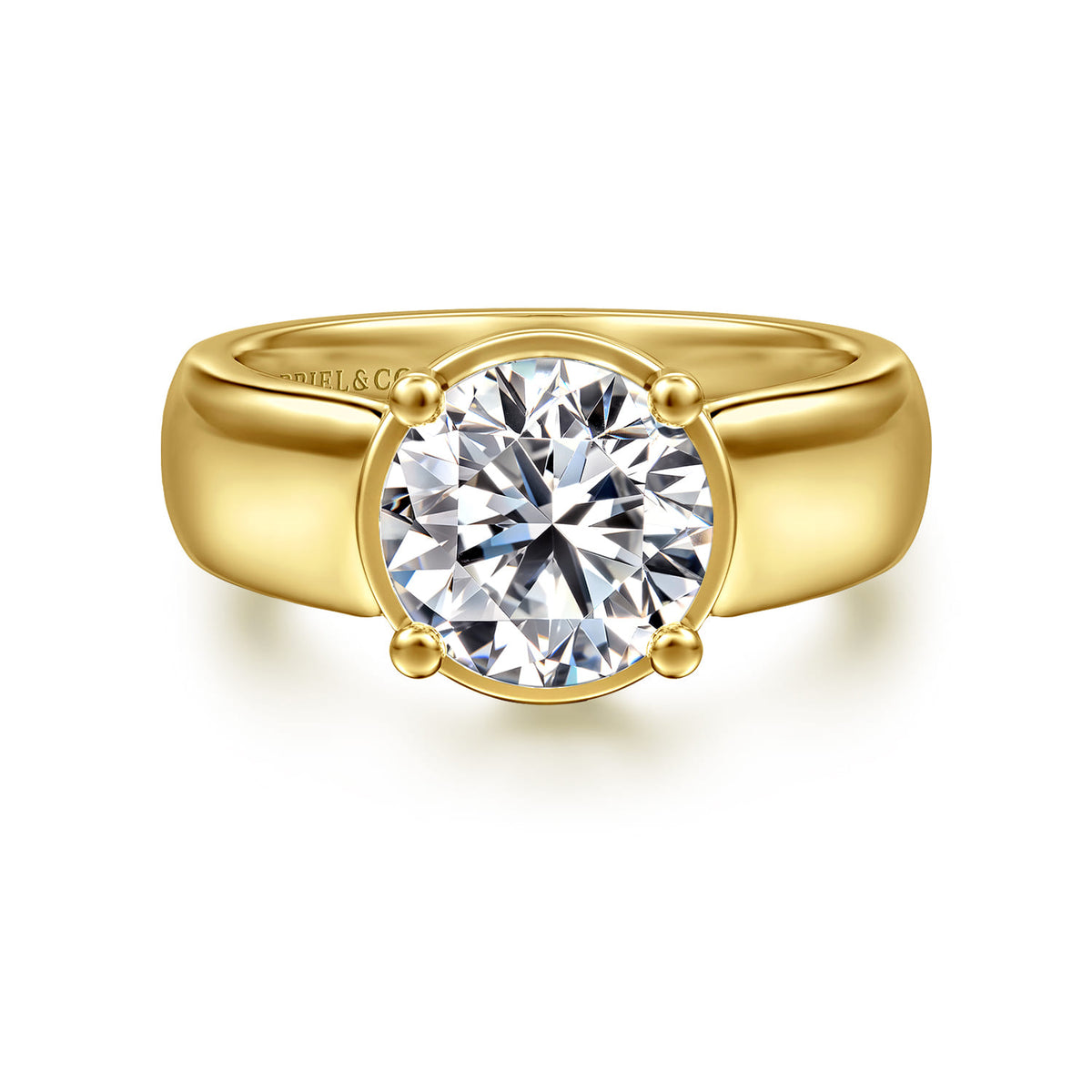 14K Yellow Gold Bezel Prong Wide Band Round Diamond Engagement Ring — Gabriel & Co. ER16304R10Y44JJ; center stone shown for illustration, not included