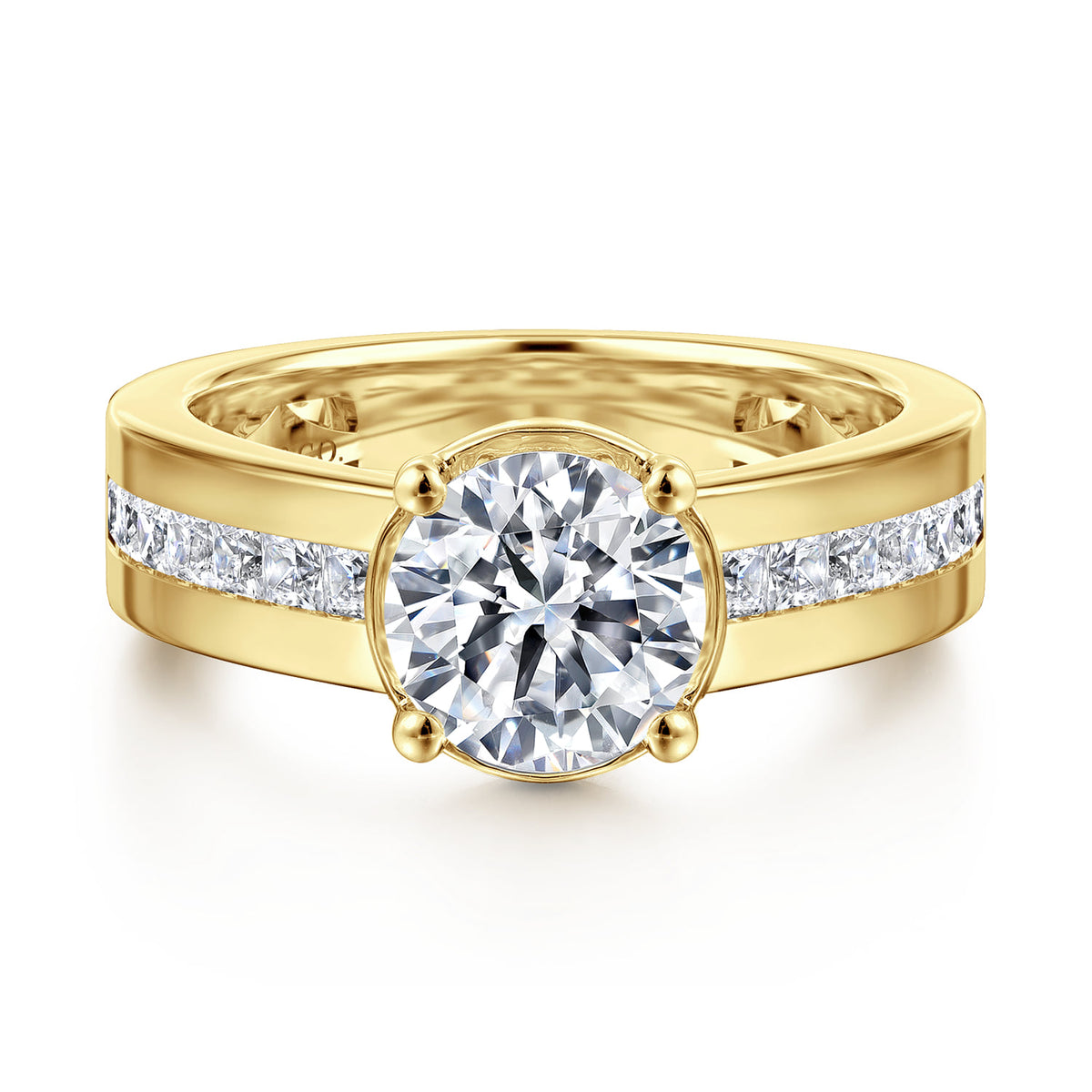 14K Yellow Gold Bezel Prong Wide Band Round Diamond Engagement Ring — Gabriel & Co. ER16328R6Y44JJ; center stone shown for illustration, not included