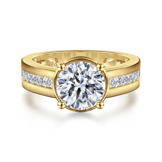 14K Yellow Gold Wide Band Round Diamond Engagement Ring — Gabriel & Co. ER16328R8Y44JJ; center stone shown for illustration, not included