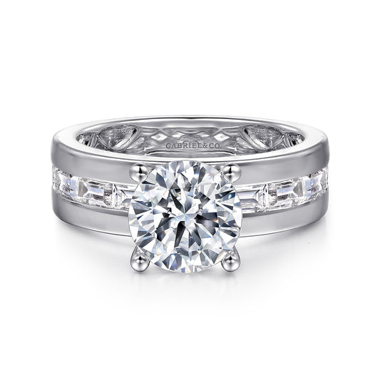 14K White Gold Channel Set Baguette Round Diamond Engagement Ring — Gabriel & Co. ER16335R8W43JJ; center stone shown for illustration, not included