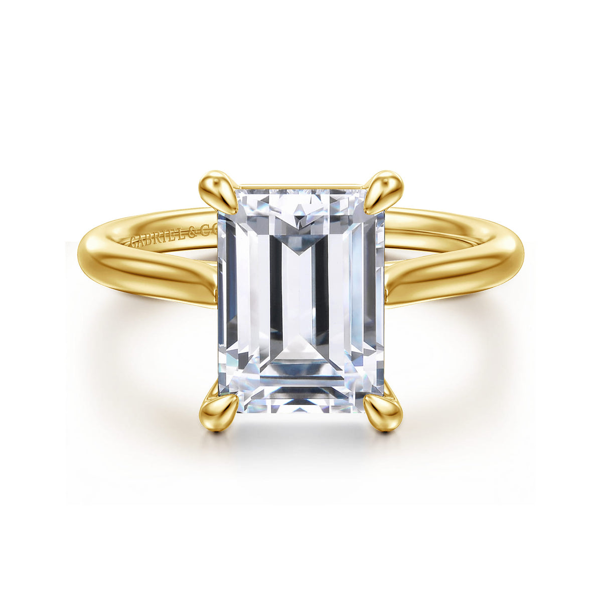 14K Yellow Gold Emerald Cut Solitaire Diamond Engagement Ring — Gabriel & Co. ER16336E12Y4JJJ; center stone shown for illustration, not included