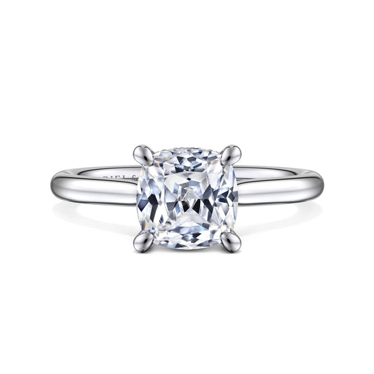 14K White Gold Cushion Cut Solitaire Diamond Engagement Ring — ER16337C8W44JJ; center stone shown for illustration, not included