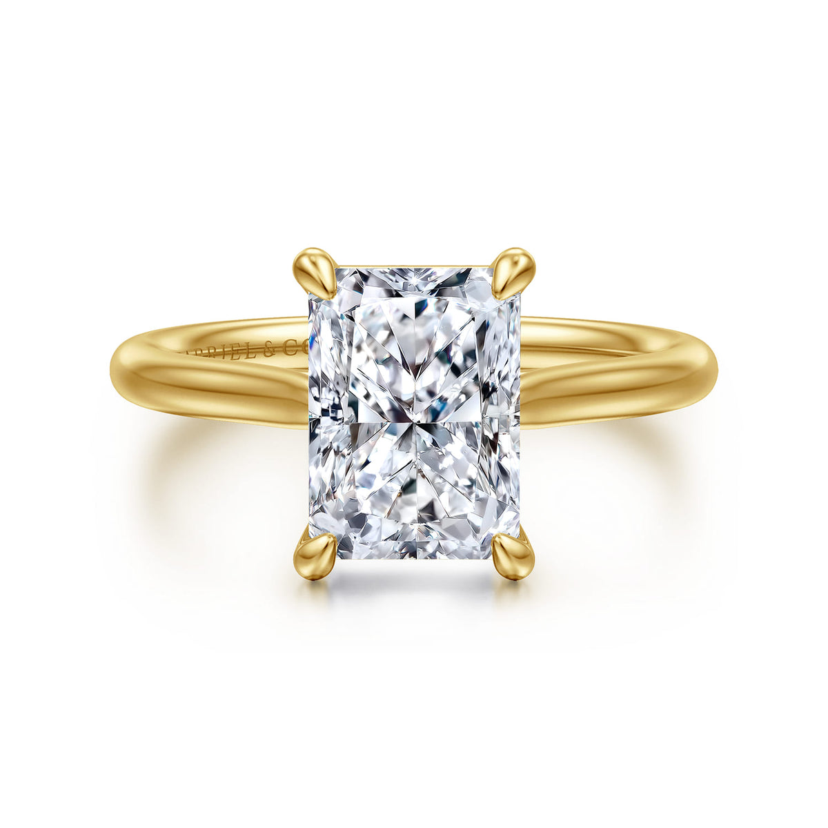 14K Yellow Gold Radiant Cut Solitaire Diamond Engagement Ring — Gabriel & Co. ER16355N10Y4JJJ; center stone shown for illustration, not included
