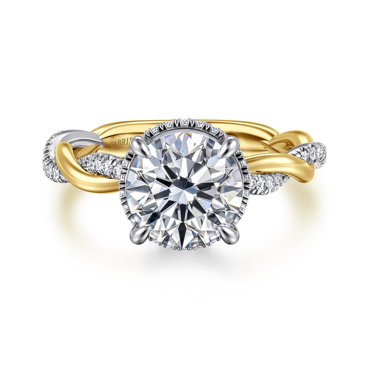 14K White-Yellow Gold Twisted Round Halo Diamond Engagement Ring — Gabriel & Co. ER16357R8M44JJ; center stone shown for illustration, not included