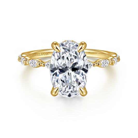 14K Yellow Gold Oval Hidden Halo Diamond Engagement Ring — Gabriel & Co. ER16414O8Y44JJ; center stone shown for illustration, not included