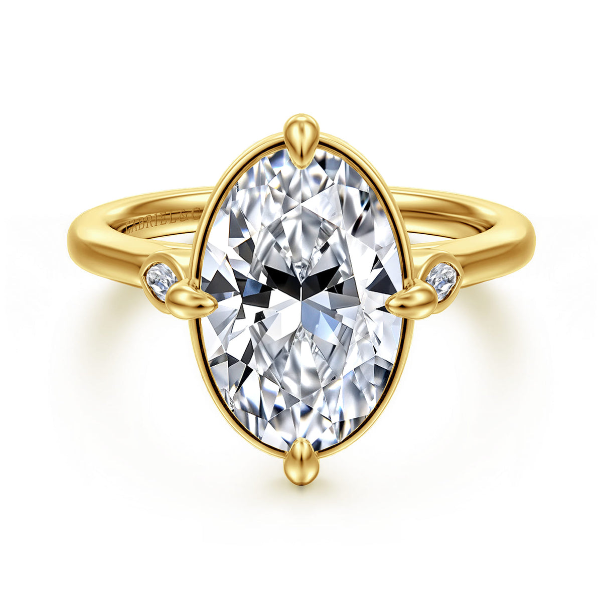 14K Yellow Gold Bezel Prong Oval Three Stone Diamond Engagement Ring — Gabriel & Co. ER16429O16Y43JJ; center stone shown for illustration, not included