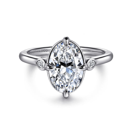 14K White Gold Bezel Prong Oval Three Stone Diamond Engagement Ring — Gabriel & Co. ER16429O8W43JJ; center stone shown for illustration, not included