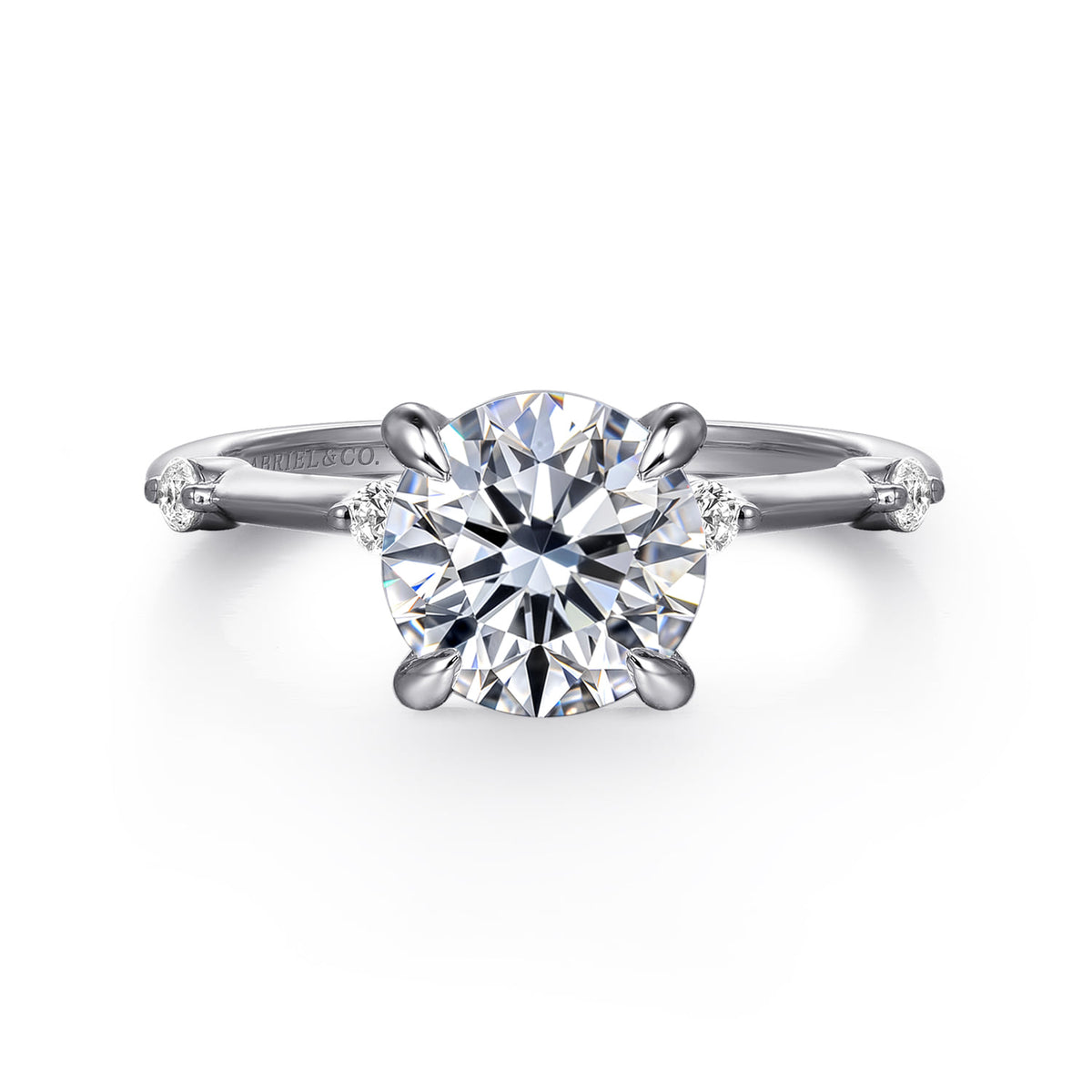 14K White Gold Round Diamond Engagement Ring — Gabriel & Co. ER16431R8W44JJ; center stone shown for illustration, not included