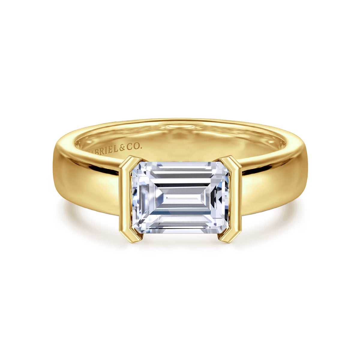 14K Yellow Gold Half Bezel East West Emerald Cut Diamond Engagement Ring — Gabriel & Co. ER16433E6Y4JJJ; center stone shown for illustration, not included