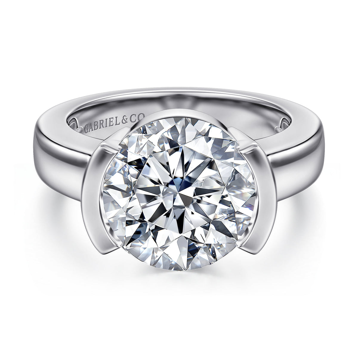 14K White Gold Half Bezel Round Diamond Engagement Ring — Gabriel & Co. ER16433R20W4JJJ; center stone shown for illustration, not included