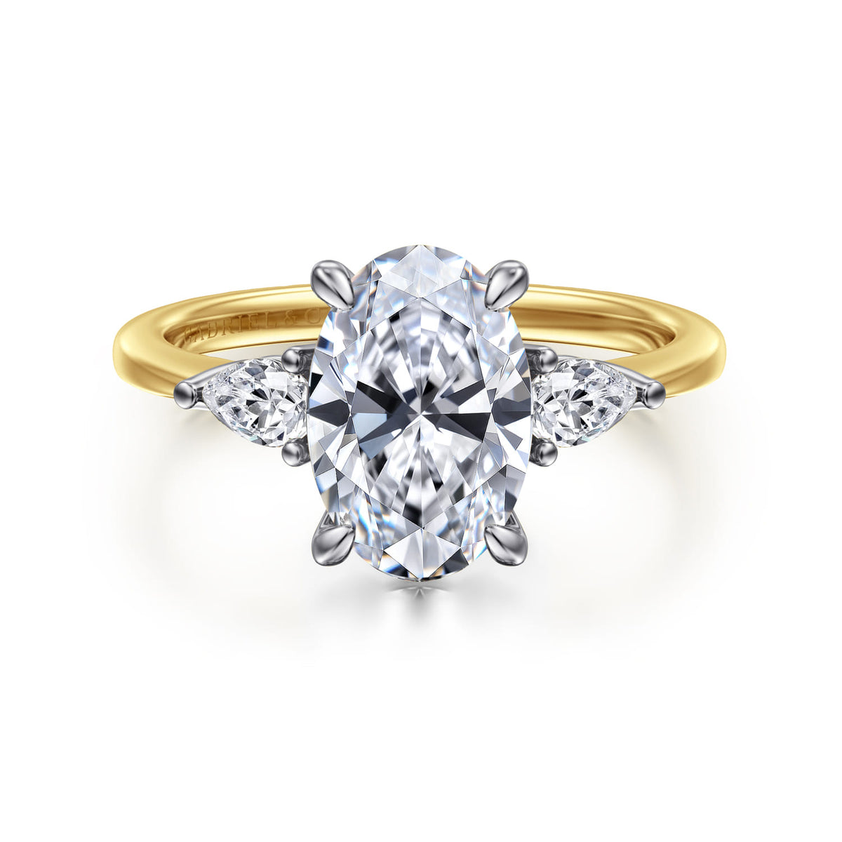 14K White-Yellow Gold Oval Three Stone Diamond Engagement Ring — Gabriel & Co. ER16437O8M44JJ; center stone shown for illustration, not included