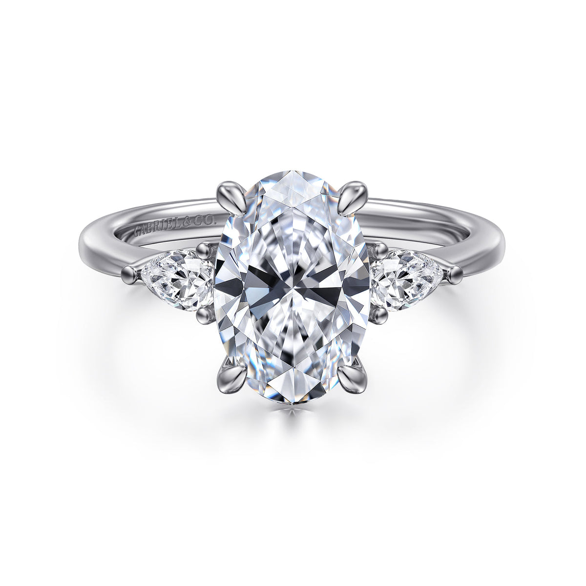 Platinum Oval Three Stone Diamond Engagement Ring — Gabriel & Co. ER16437O8PT4JJ; center stone shown for illustration, not included