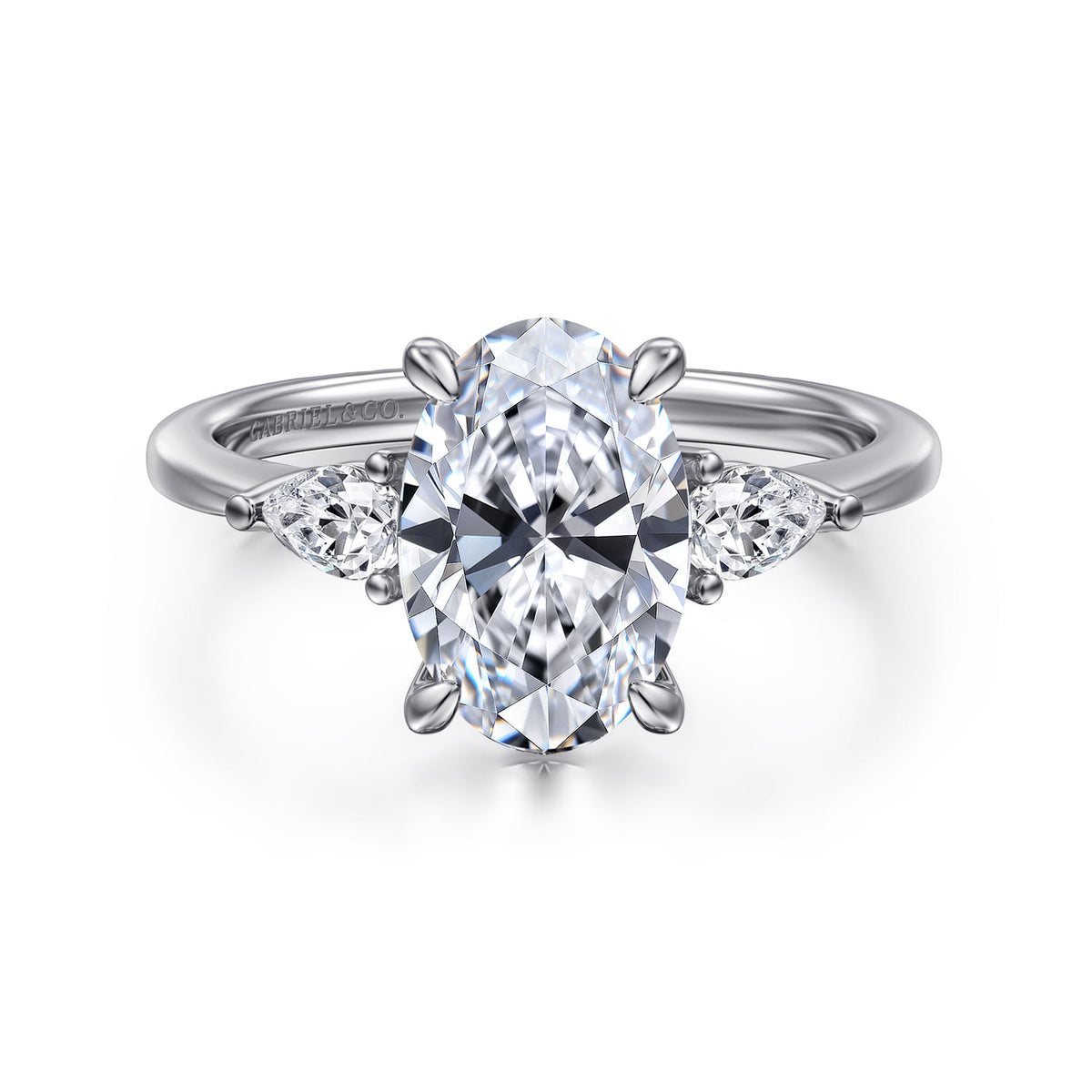 14K White Gold Oval Three Stone Diamond Engagement Ring — Gabriel & Co. ER16437O8W44JJ; center stone shown for illustration, not included