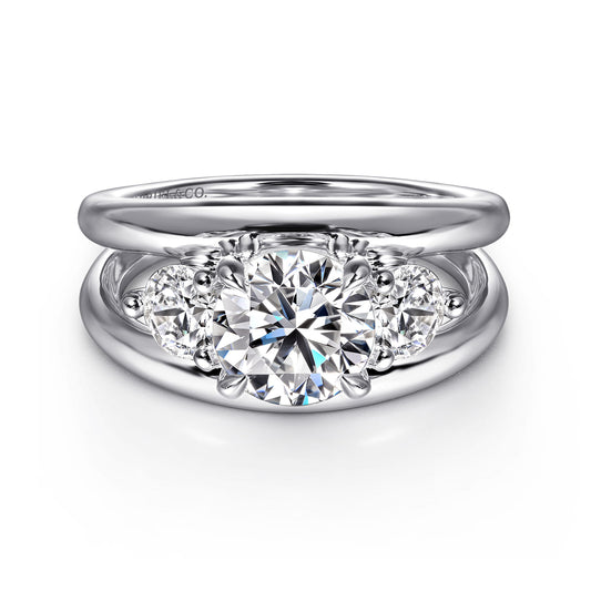 14K White Gold Round Three Stone Diamond Engagement Ring — Gabriel & Co. ER16444R6W44JJ; center stone shown for illustration, not included