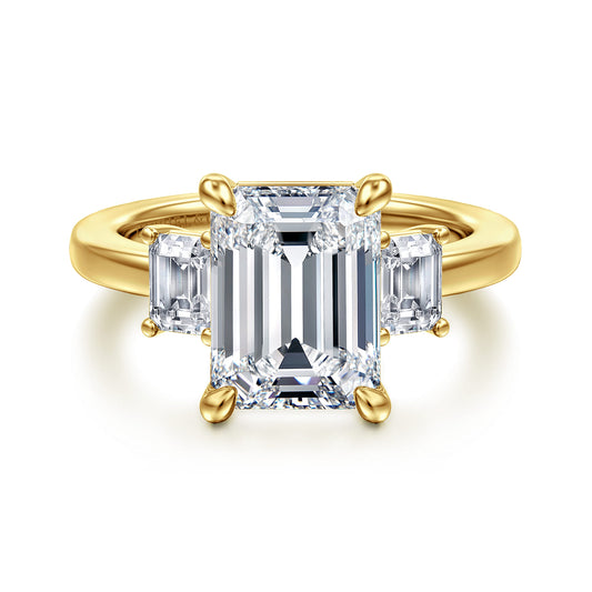 14K Yellow Gold Emerald Cut Three Stone Diamond Engagement Ring — Gabriel & Co. ER16463E16Y43JJ; center stone shown for illustration, not included