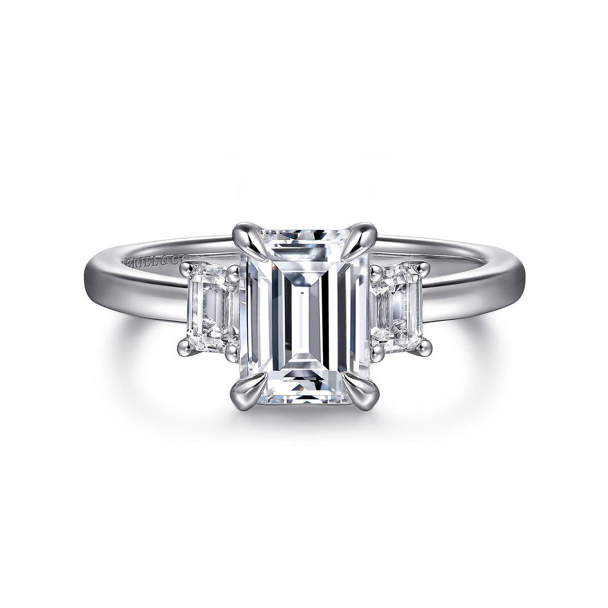 14K White Gold Emerald Cut Three Stone Diamond Engagement Ring — Gabriel & Co. ER16464E6W43JJ; center stone shown for illustration, not included