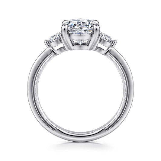 14K White Gold Oval Three Stone Diamond Engagement Ring — Gabriel & Co. ER16475O8W44JJ; center stone shown for illustration, not included