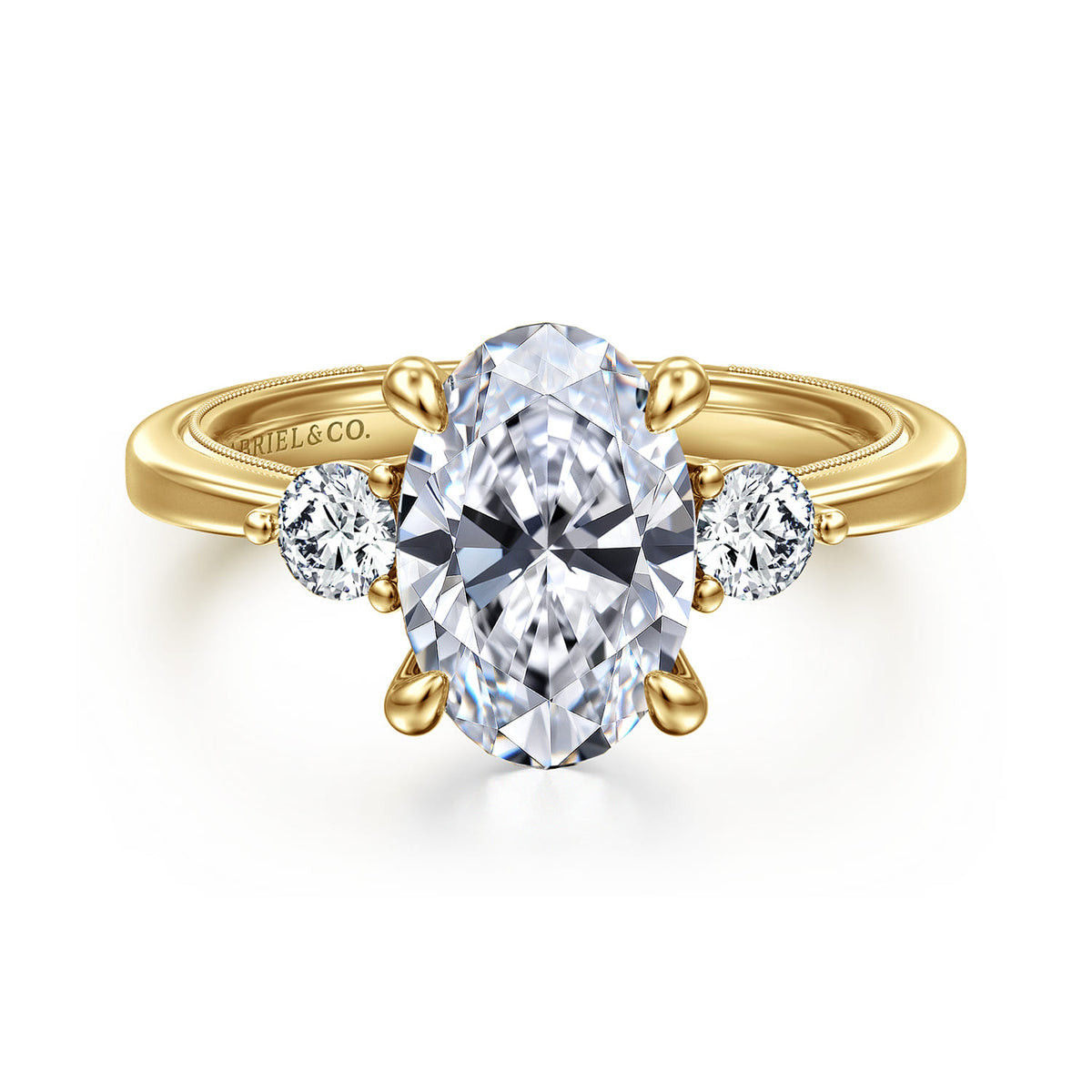 14K Yellow Gold Oval Three Stone Diamond Engagement Ring — Gabriel & Co. ER16475O8Y44JJ; center stone shown for illustration, not included