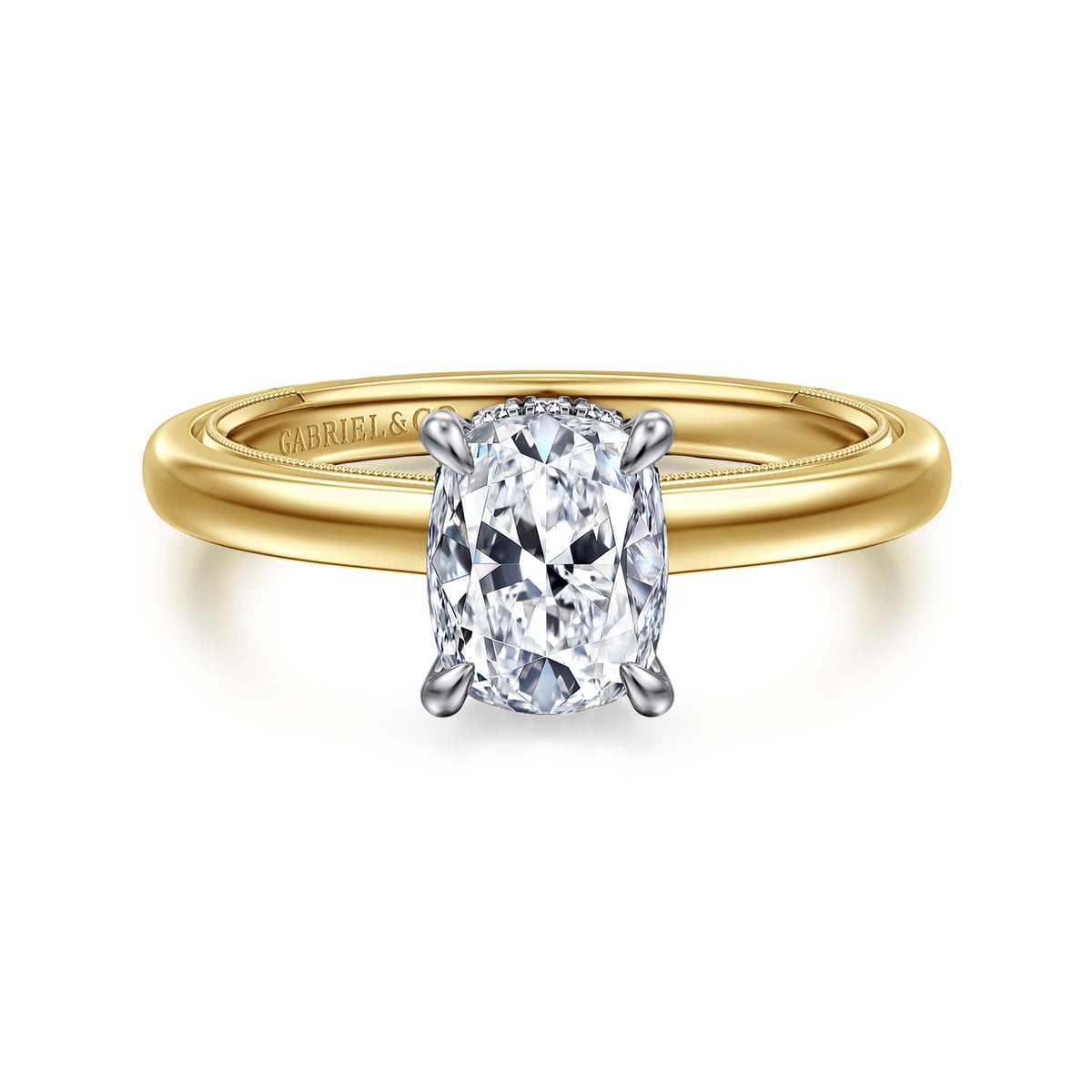 14K White-Yellow Gold Elongated Cushion Diamond Engagement Ring — Gabriel & Co. ER16476G6M44JJ; center stone shown for illustration, not included