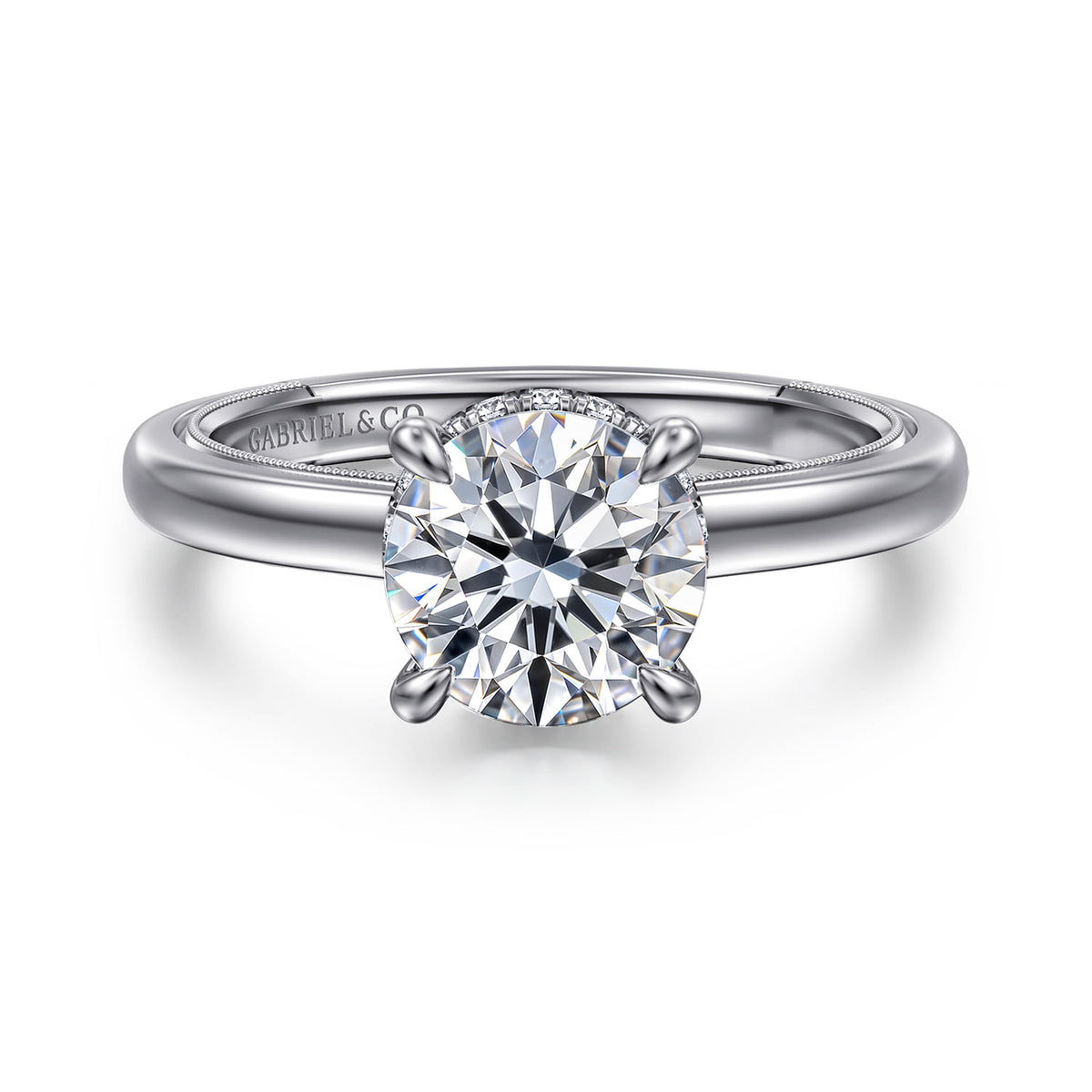 14K White Gold Round Diamond Engagement Ring — ER16476R6W44JJ; center stone shown for illustration, not included