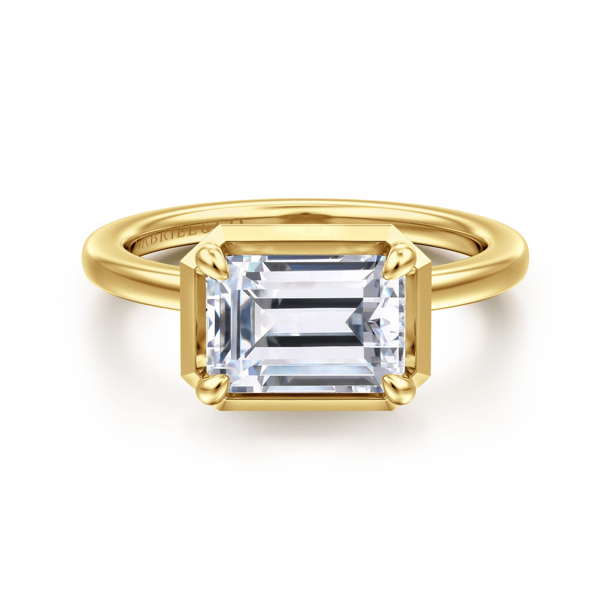 14K Yellow Gold East West and Bezel Prong Emerald Cut Diamond Engagement Ring — Gabriel & Co. ER16483E8Y4JJJ; center stone shown for illustration, not included