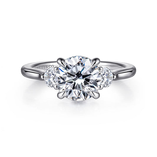 14K White Gold Round Three Stone Lotus Diamond Engagement Ring — Gabriel & Co. ER16484R6W44JJ; center stone shown for illustration, not included