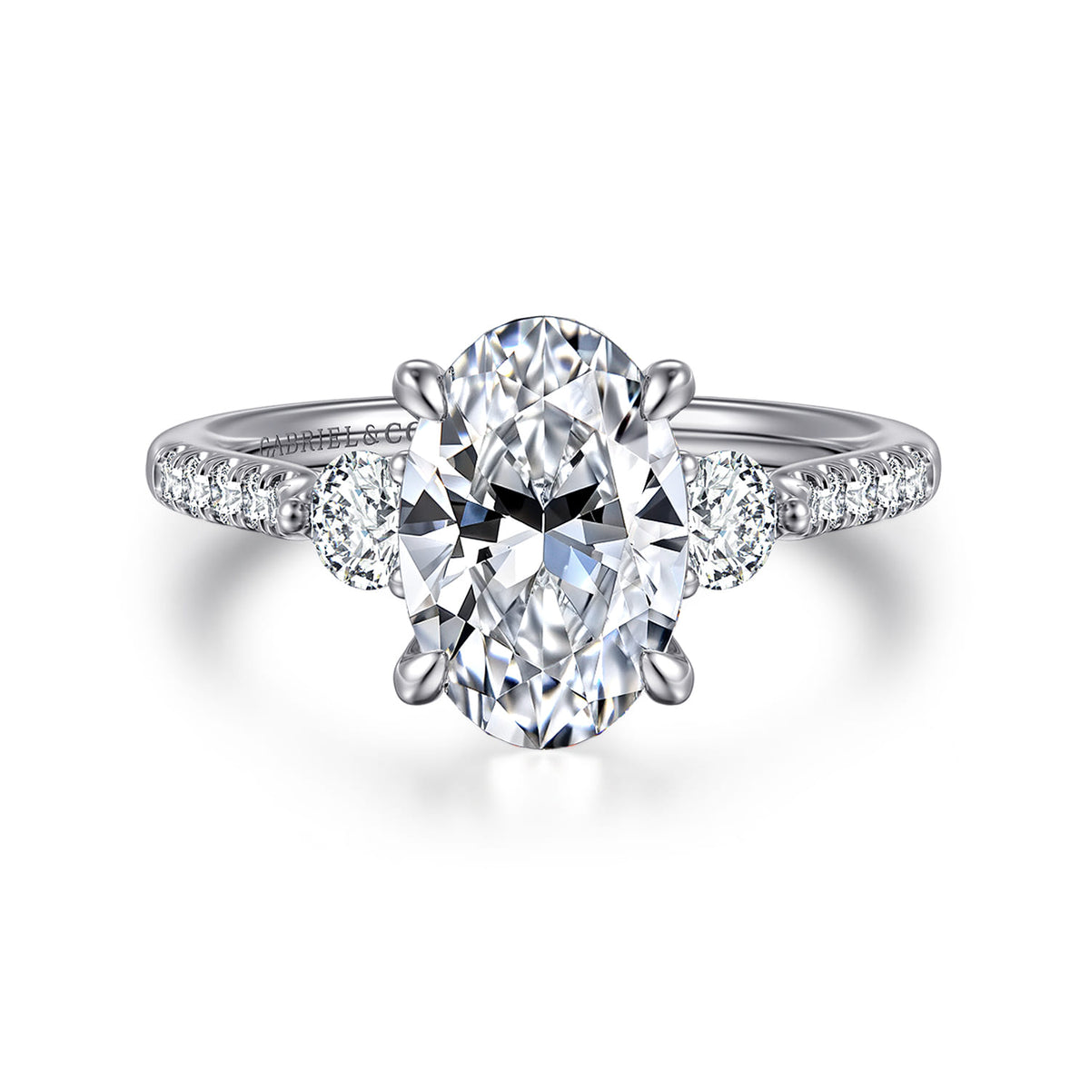 14K White Gold Oval Three Stone Lotus Diamond Engagement Ring — Gabriel & Co. ER16487O8W44JJ; center stone shown for illustration, not included