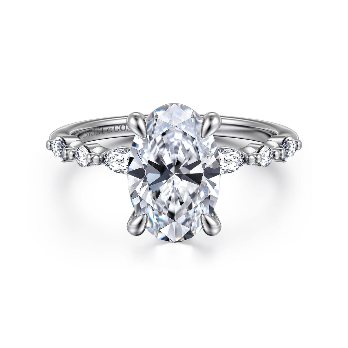14K White Gold Oval Diamond Engagement Ring — Gabriel & Co. ER16497O8W44JJ; center stone shown for illustration, not included