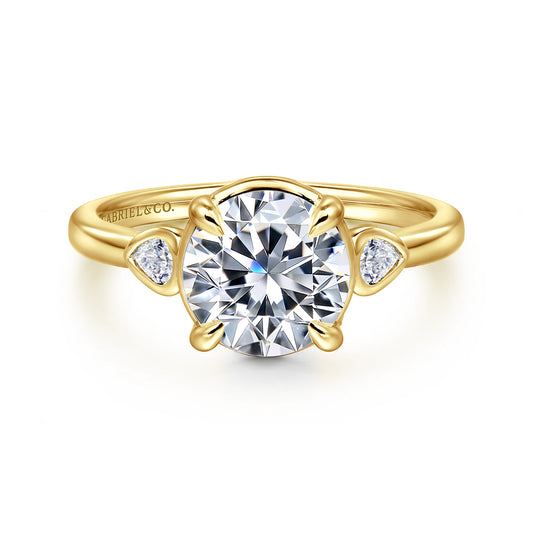 14K Yellow Gold Round Three Stone Diamond Engagement Ring — Gabriel & Co. ER16502R8Y44JJ; center stone shown for illustration, not included