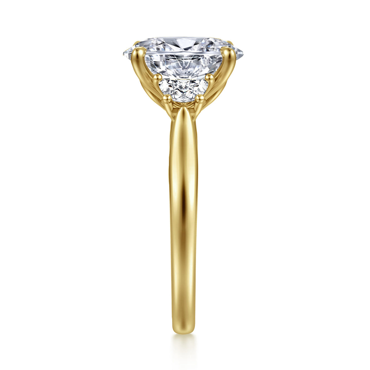 14K Yellow Gold Oval Three Stone Lotus Diamond Engagement Ring — Gabriel & Co. ER16508O8Y43JJ; center stone shown for illustration, not included
