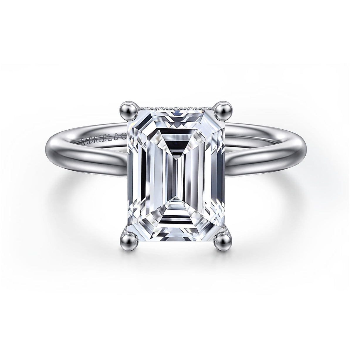 Platinum Emerald Cut Solitaire Diamond Engagement Ring — Gabriel & Co. ER16512E12PT4JJ; center stone shown for illustration, not included
