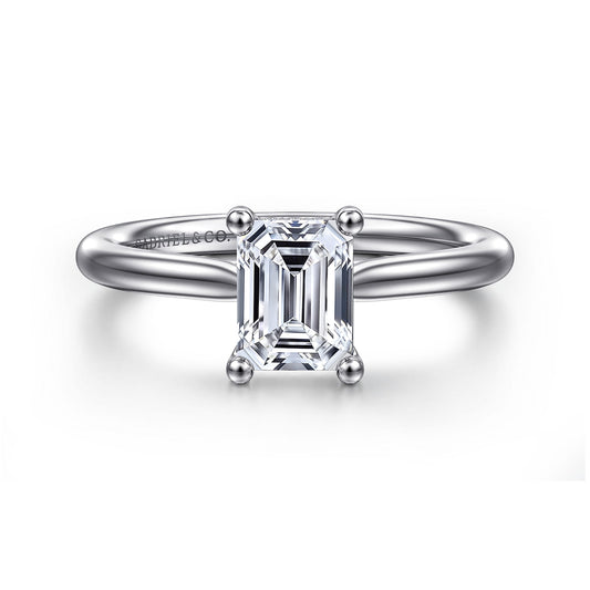 Platinum Emerald Cut Solitaire Diamond Engagement Ring — Gabriel & Co. ER16512E4PT4JJ; center stone shown for illustration, not included