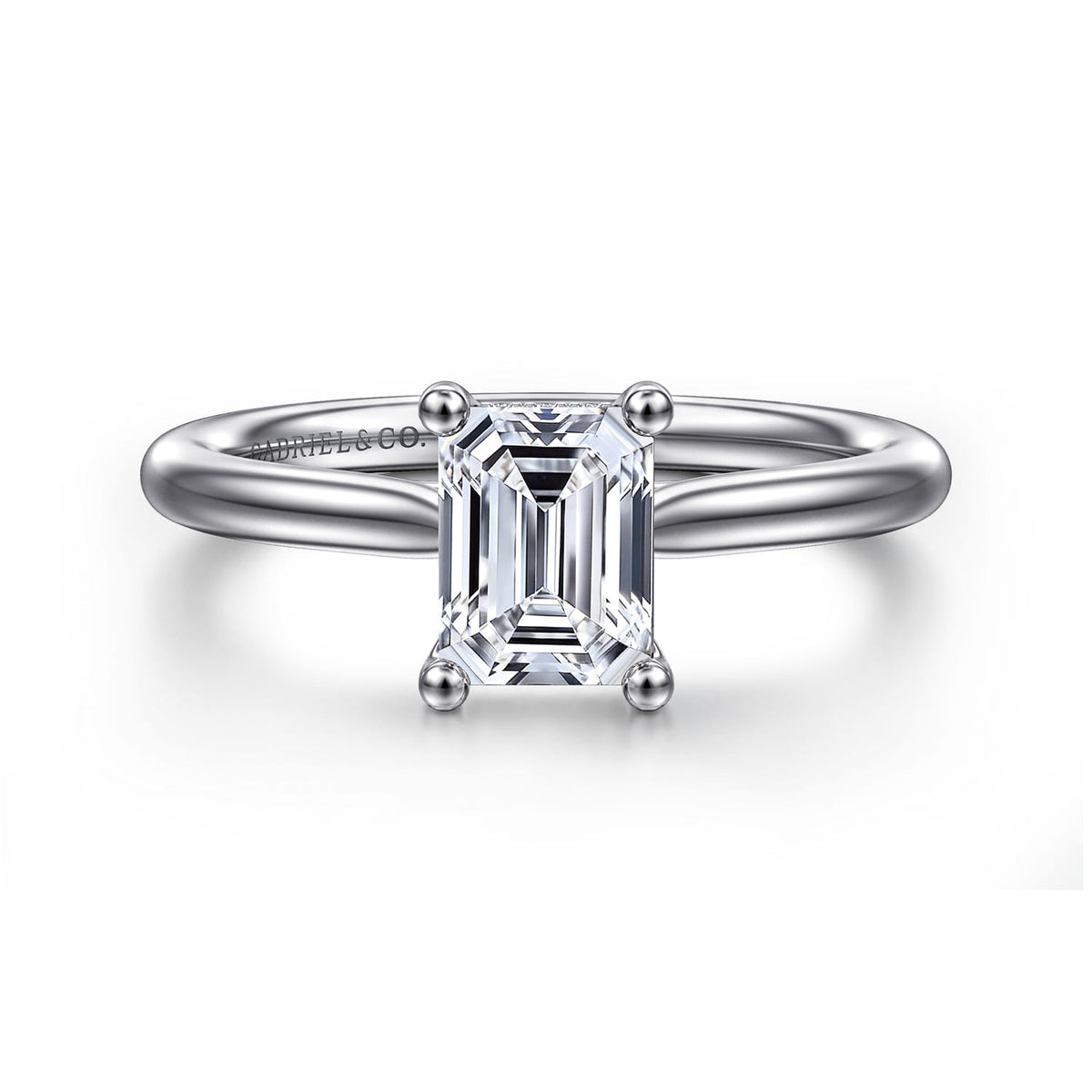Platinum Emerald Cut Solitaire Diamond Engagement Ring — Gabriel & Co. ER16512E4PT4JJ; center stone shown for illustration, not included