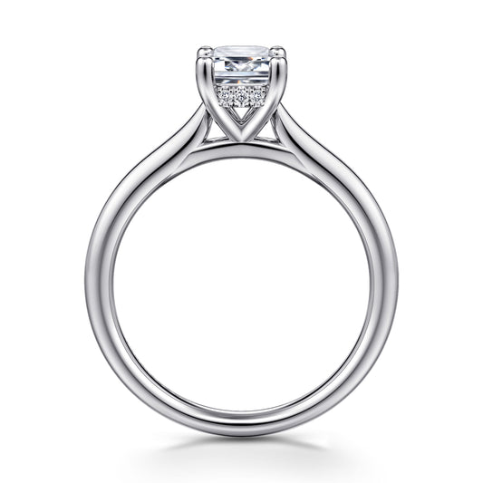14K White Gold Emerald Cut Solitaire Diamond Engagement Ring — Gabriel & Co. ER16512E4W44JJ; center stone shown for illustration, not included
