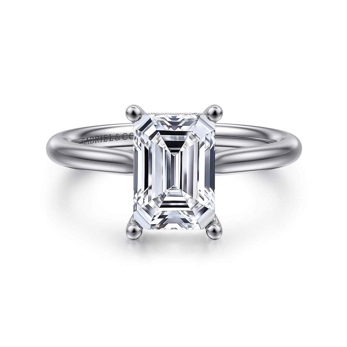 Platinum Emerald Cut Solitaire Diamond Engagement Ring — Gabriel & Co. ER16512E8PT4JJ; center stone shown for illustration, not included