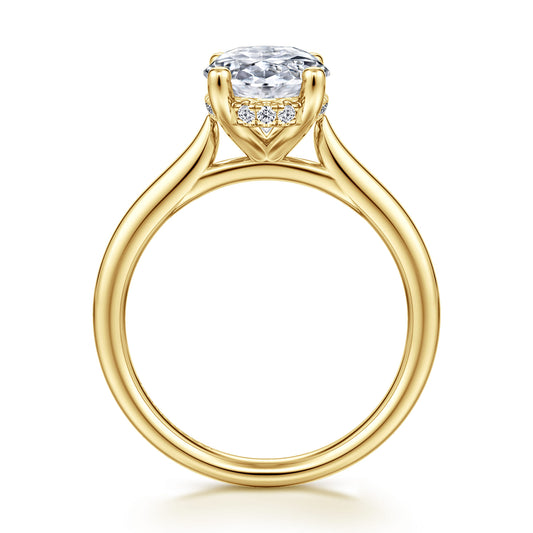 14K Yellow Gold Oval Solitaire Diamond Engagement Ring — Gabriel & Co. ER16512O12Y44JJ; center stone shown for illustration, not included