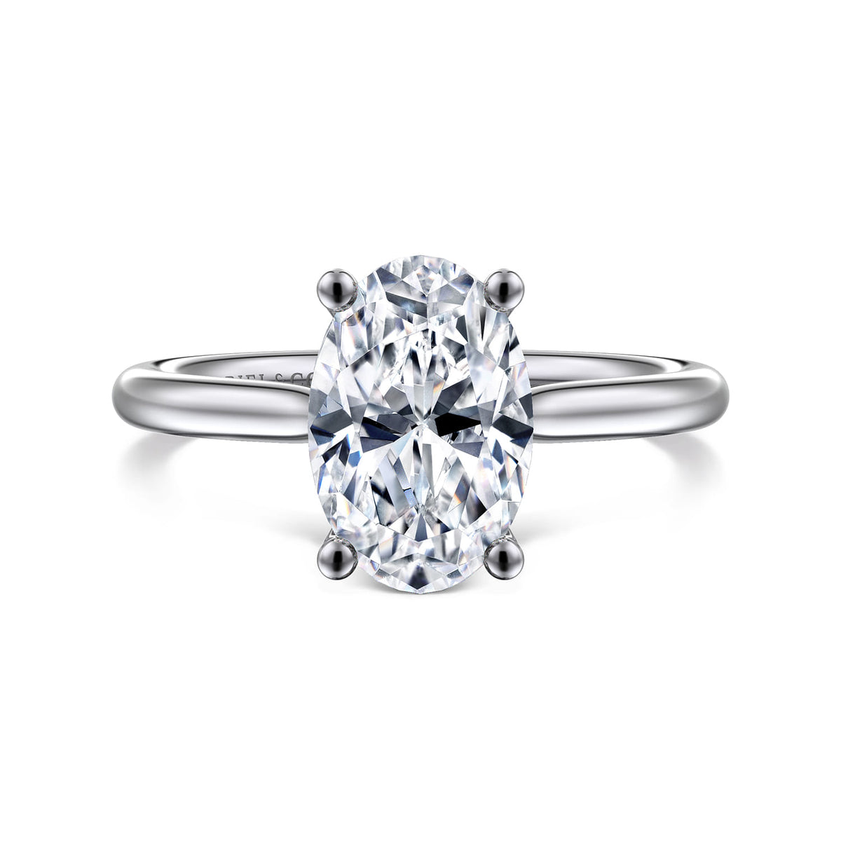 Platinum Oval Solitaire Diamond Engagement Ring — Gabriel & Co. ER16512O8PT4JJ; center stone shown for illustration, not included