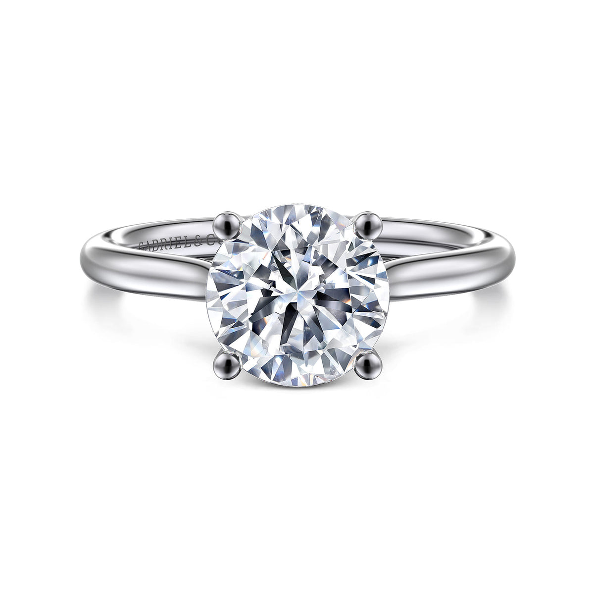 14K White Gold Round Solitaire Diamond Engagement Ring — Gabriel & Co. ER16512R8W44JJ; center stone shown for illustration, not included