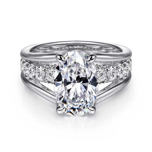 14K White Gold Split Shank Oval Diamond Engagement Ring — Gabriel & Co. ER16518O8W44JJ; center stone shown for illustration, not included