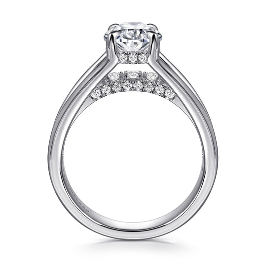 14K White Gold Split Shank Oval Diamond Engagement Ring — Gabriel & Co. ER16518O8W44JJ; center stone shown for illustration, not included
