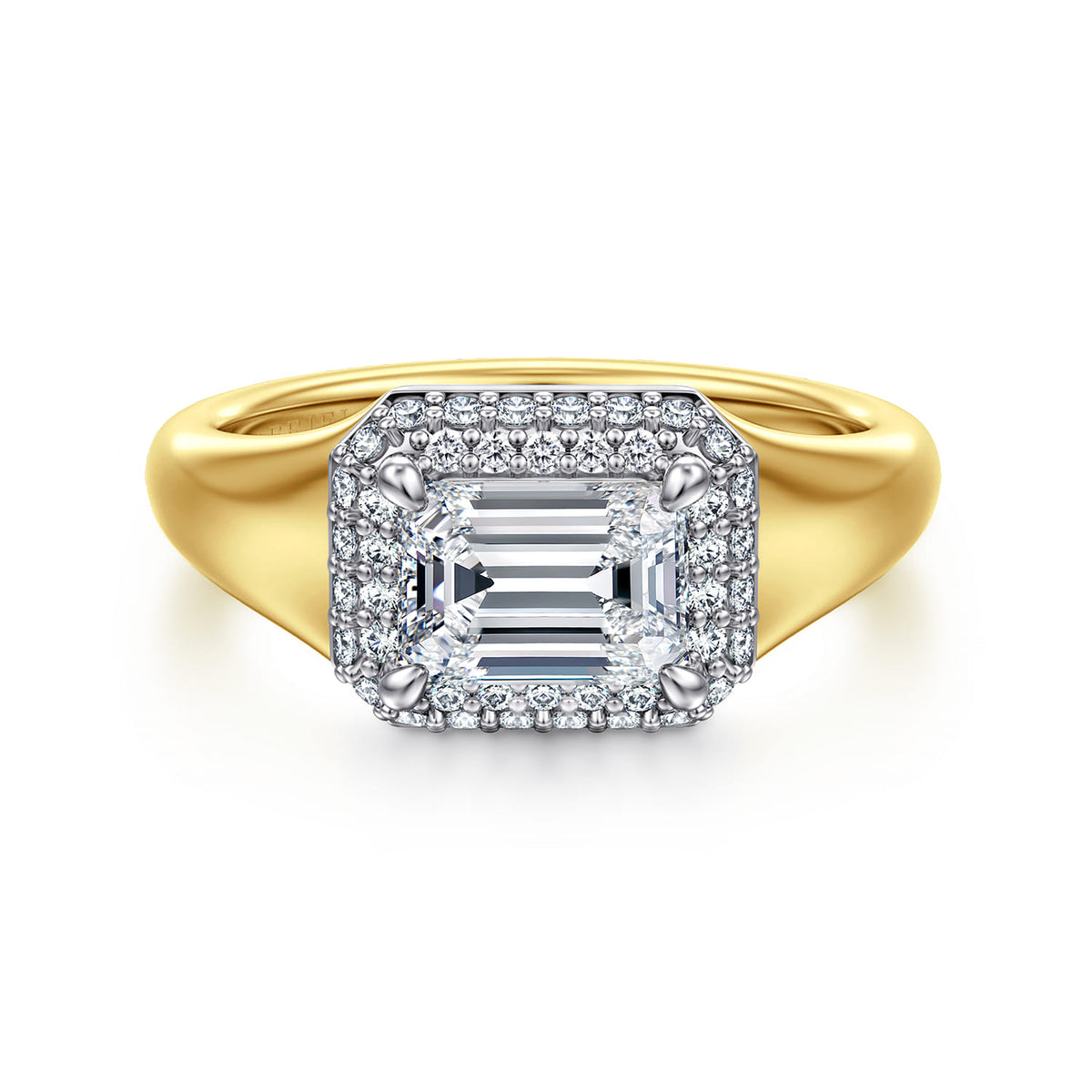 14K White-Yellow Gold Emerald Cut Double Halo Diamond Engagement Ring — Gabriel & Co. ER16519E5M44JJ; center stone shown for illustration, not included