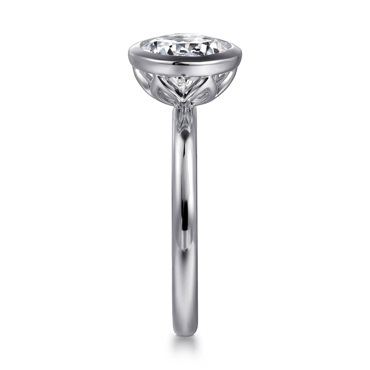 14K White Gold Round Bezel Set Diamond Engagement Ring — Gabriel & Co. ER16526R8W4JJJ; center stone shown for illustration, not included