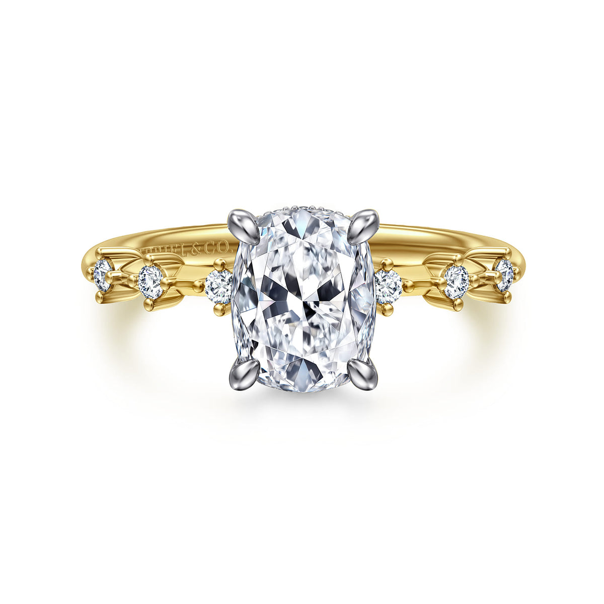14K White-Yellow Gold Elongated Cushion Diamond Engagement Ring — Gabriel & Co. ER16530G7M44JJ; center stone shown for illustration, not included