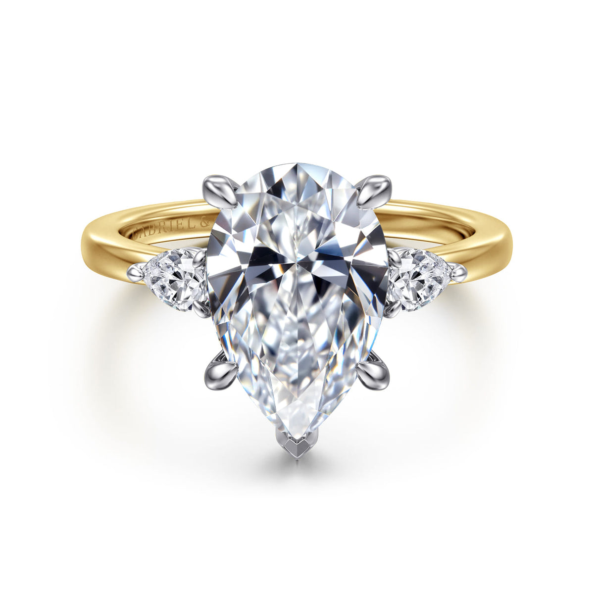 14K White-Yellow Gold Pear Shape Three Stone Diamond Engagement Ring — Gabriel & Co. ER16551P12M44JJ; center stone shown for illustration, not included