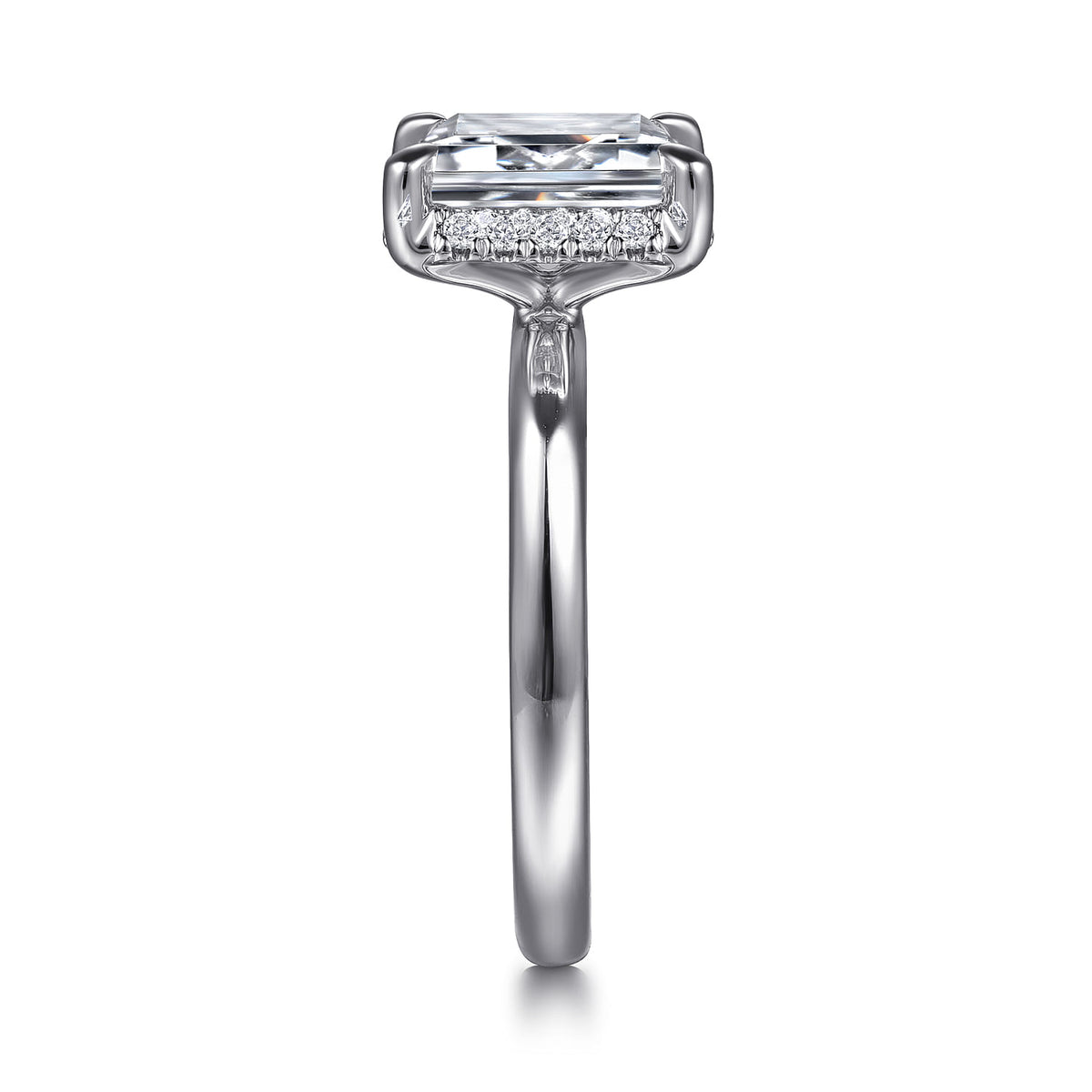 14K White Gold Emerald Cut Hidden Halo Diamond Engagement Ring — Gabriel & Co. ER16567E8W44JJ; center stone shown for illustration, not included