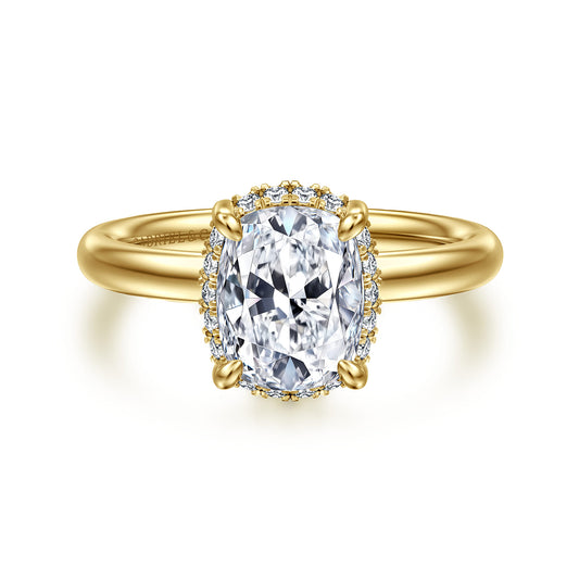 14K Yellow Gold Elongated Cushion Hidden Halo Diamond Engagement Ring — Gabriel & Co. ER16567G8Y44JJ; center stone shown for illustration, not included