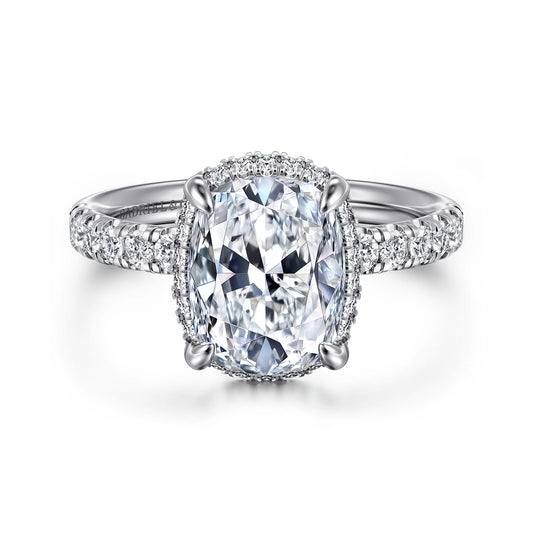 14K White Gold Elongated Cushion Hidden Halo Diamond Engagement Ring — Gabriel & Co. ER16568G12W44JJ; center stone shown for illustration, not included