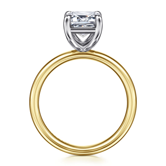14K White-Yellow Gold Emerald Cut Solitaire Diamond Engagement Ring — Gabriel & Co. ER16571E12M4JJJ; center stone shown for illustration, not included
